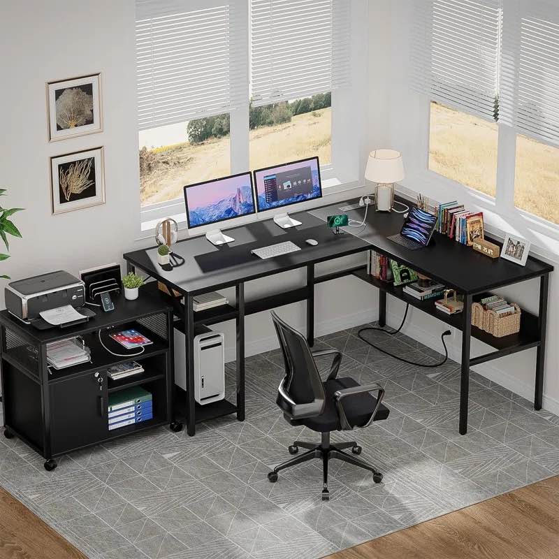 Afjol 47'' Reversible L Shaped Desk with Storage, Power Outlet and USB Ports