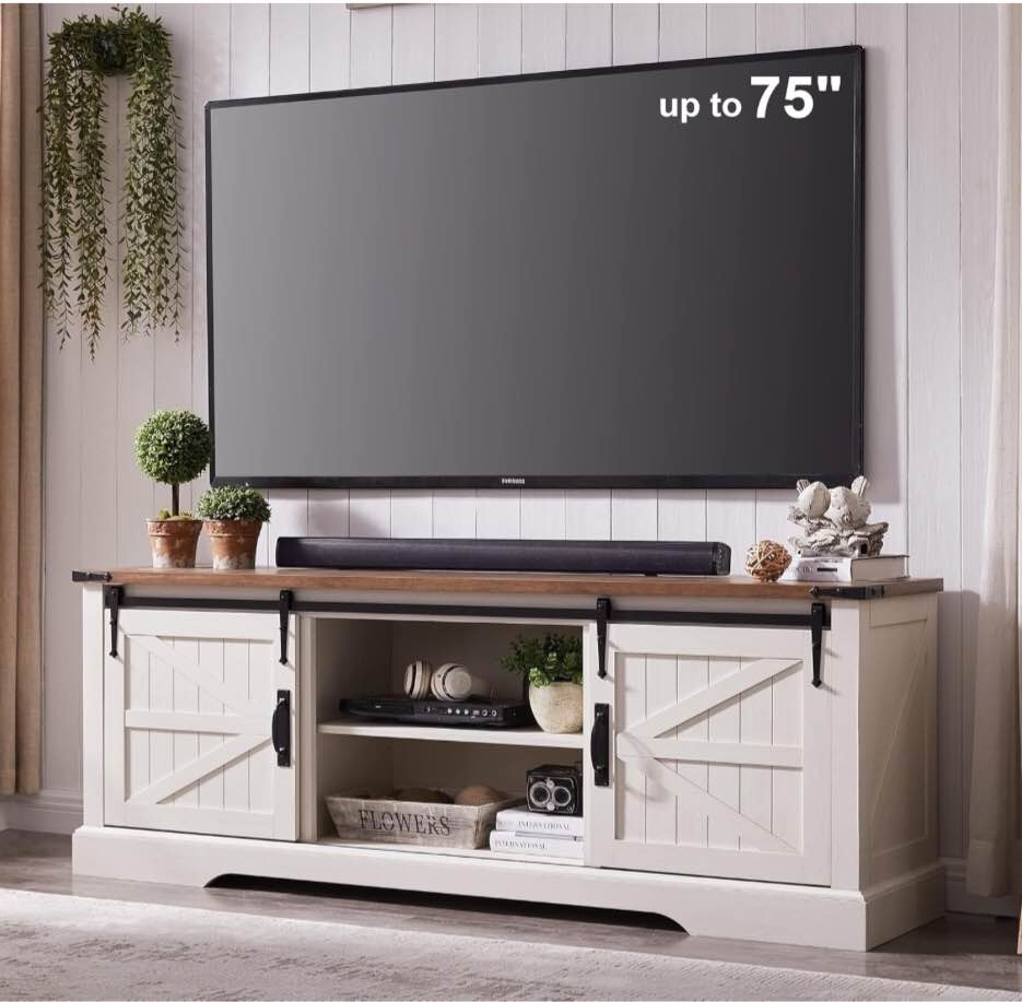 Farmhouse Tv Stand For Tvs Up To 75 Inch With Sliding Barn Doors