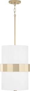 346221SF Sutton White Fabric Shade and Painted Glass Diffuser Cylinder Pendant Ceiling Light Fixture, 2-Light 120 Total Watts, 18" H x 12" W, Soft Gold