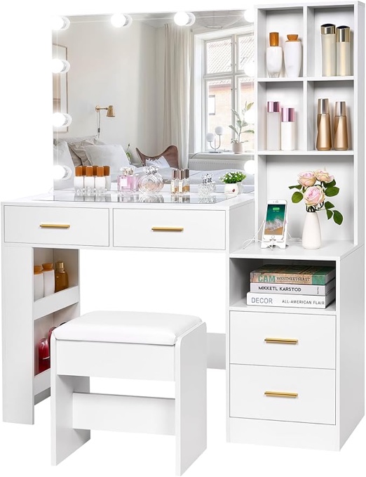 BEWISHOME White Vanity Desk with Mirror and Lights
