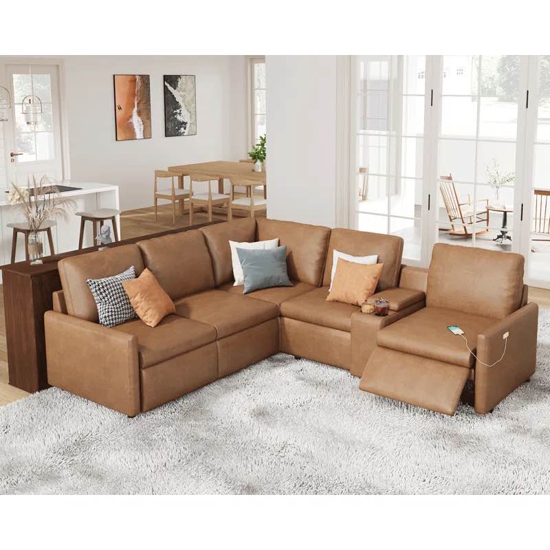 *incomplete,box 5/9 only* Power Recliner, Reclining Sectional Sofa With Console& Single Right Recliner, Leather Modular Sofa With Cup Holder& USB Port, L Shaped Couch For Living Room Seating Capacity: 5, Size: 38" H x 128" W x 64" D