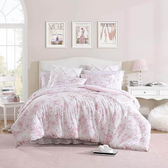 Laura Ashley- Twin XL Comforter Set, Reversible Cotton Bedding with Matching Sham(s), Farmhouse Home Decor, Dorm Room Essentials (Delphine Pink, Twin XL)