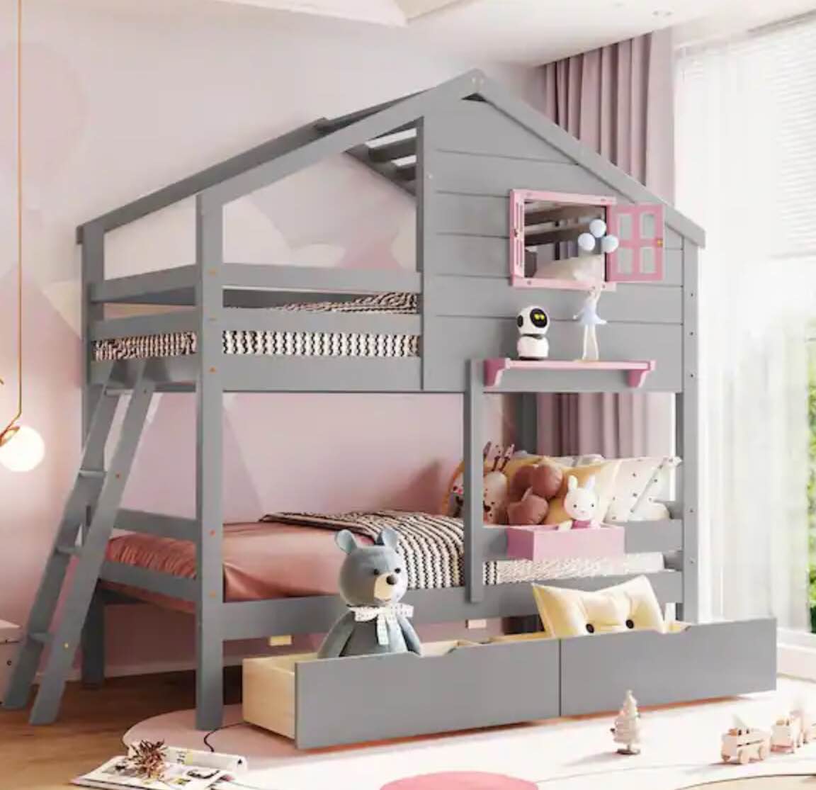 Gray Twin Over Twin Lovely House Bunk Bed with Window, Roof, Ladder and 2-Drawers INCOMPLETE ( box 1 of 2) 