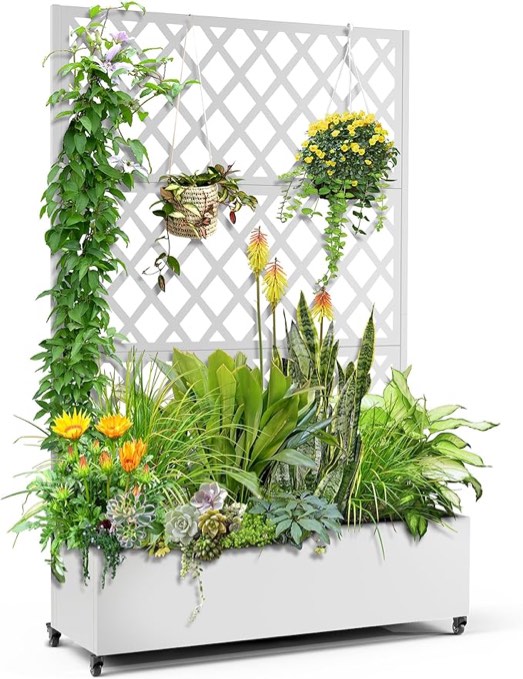 FENCY Metal Planter Box with Diamond Lattice Trellis Planter Box for Climbing Plants/Vines, Galvanized Raised Garden Bed On Wheels, Garden Bed with Trellis