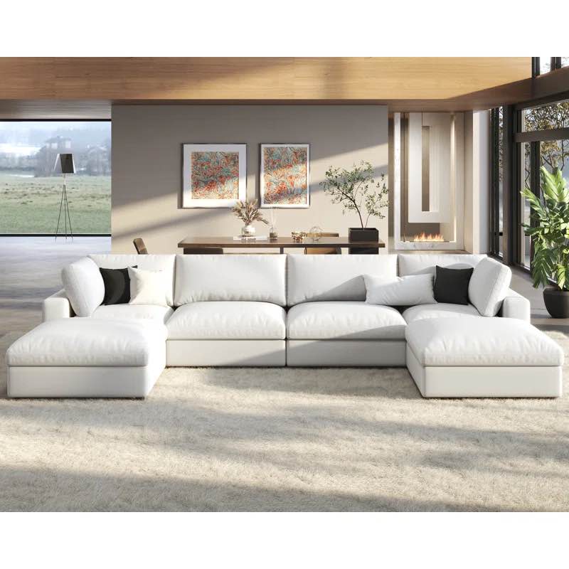 Modechai Sectional Sofa, 152? Down Filled Sofa, 6 Seats U Shaped Couch with Chaise, Ottoman Body Fabric: White Linen INCOMPLETE ( middle seat only) 