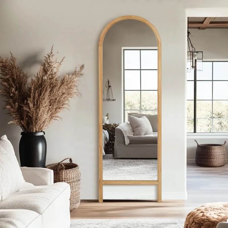 Natural Pine Wood Arch Full-Length Mirror - Elegant Wall-Leaning Or Wall-Mounted Design