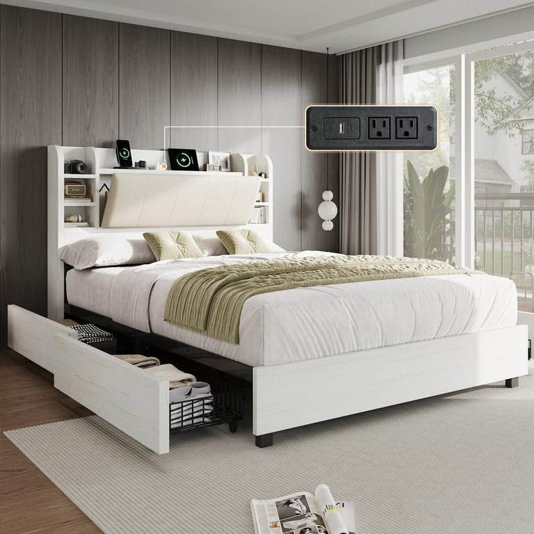 Merluxy Full Size Bed Frame with 4 Storage Drawers, Upholstered Bed Frame with 47.2" Bookcase Headboard, Wooden Platform Bed with Charging Station/No Box Spring Needed/White INCOMPLETE
