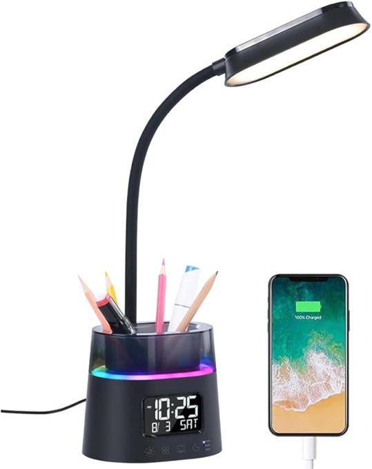 Hokone Desk Lamp for Kids, LED Desk Light for Home Office Dimmable USB Table Lamps with Clock Pen Holder Adjustable Desk Lamps with Color Night Lamp,Children's Christmas Gifts Black 1