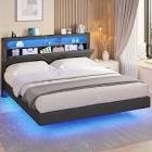 Floating Bed Frame with Storage Headboard, LED Bed Frame with Cha
