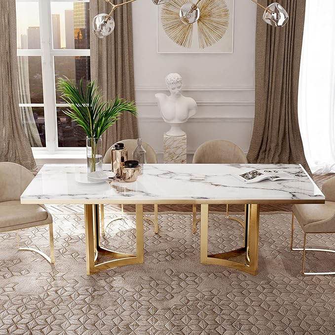 incomplete (similar ) 70" Modern Marble Dining Table, Rectangle, 6 Seater, White & Gold, Stainless Steel Legs