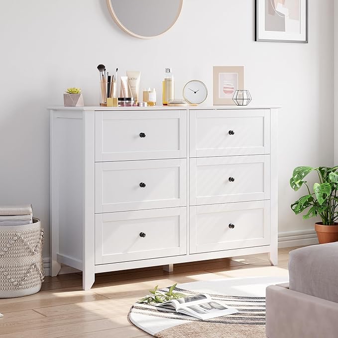 IDEALHOUSE 6 Drawers Dresser for Bedroom, White Dressers with Metal Handles, Wooden Minimalist Closet Store Organizer for Living Room, Hallway