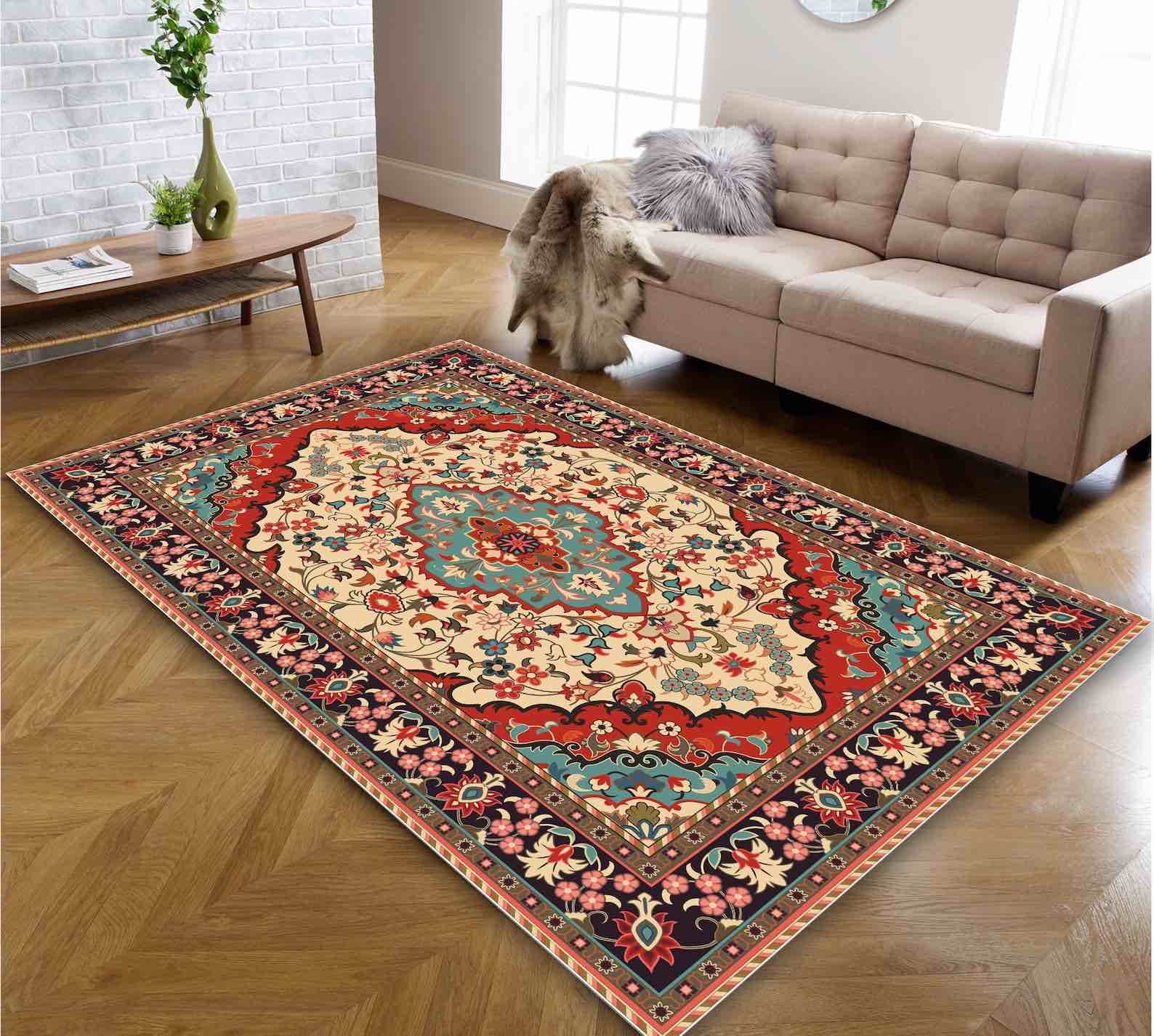 90 X 60 cm Oriental Medallion Red Area Rug Persian Red and Green Mid Century Modern Small Large Oversize Carpet for Living room Bedroom Dining Room