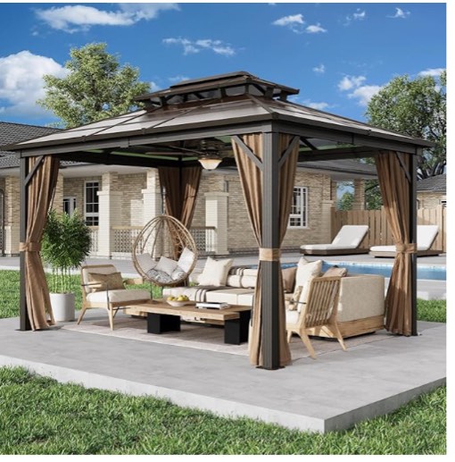 EROMMY Louvered Pergola 12' x 24' Outdoor Hard Top Pergola with Aluminum Frame and Adjustable Metal Rainproof Roof for Garden & Patio, Curtains and Netting Included, Gray-Black