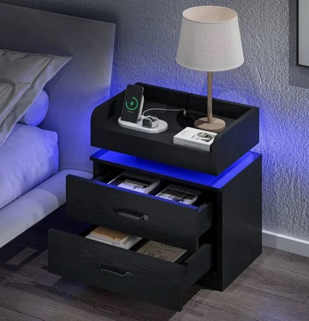 Nightstand with Charging Station, Night Stand with LED Lights, Modern Led End Table Nightstand for Bedroom, Night Stand with 2 Drawers, Bed Side Table with Storage for Living Room (1, White)