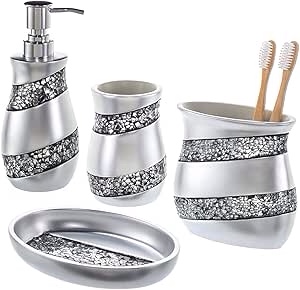 Creative Scents Bathroom Accessories Set, 4-Piece Silver Mosaic Glass Luxury Bathroom Gift Set, Includes Soap Dispenser, Toothbrush Holder, Tumbler & Soap Dish – Finished in Stunning Silver