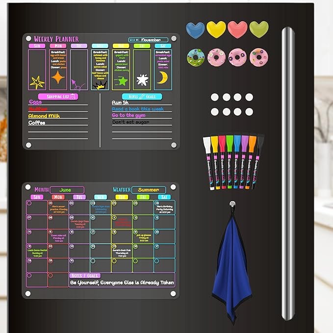 2025 Acrylic Calendar for Fridge - Magnetic Calendar for Refrigerator - 2Pack Monthly & Weekly Planner 12"x16" Clear Board Dry Erase - Fridge Calendar - W/ 8 Chalk Markers - 8 Cute Fridge Magnets