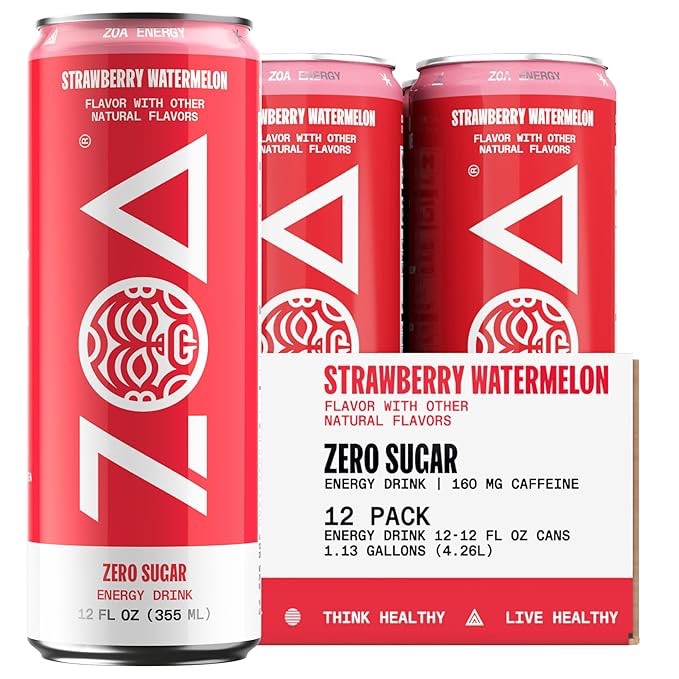 ZOA Zero ((BB: 05/04/2025)) Sugar Energy Drinks, Strawberry Watermelon - Sugar Free with Electrolytes, Healthy Vitamin C, Amino Acids, Essential B-Vitamins, and Caffeine from Green Tea - 16 Fl Oz (12-Pack)