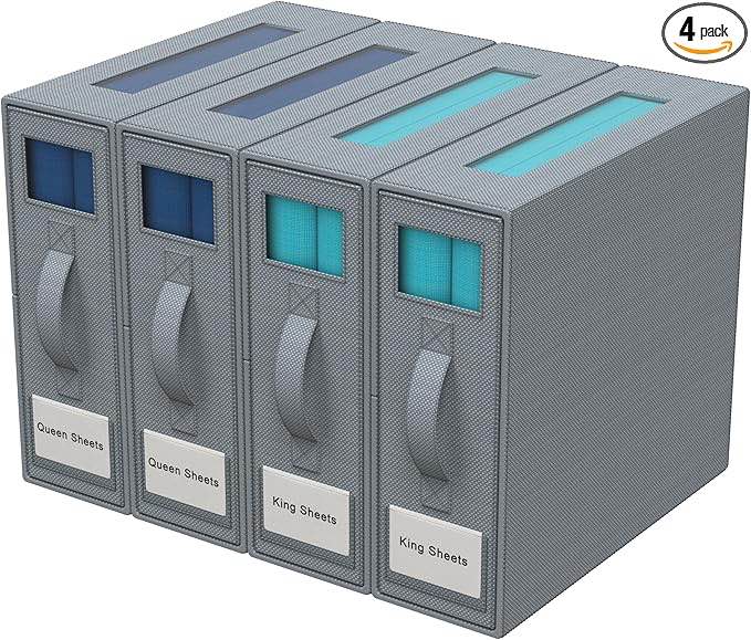 Premium Bed Sheet Organizer Set (4-Pack, Elegant Gray) - Ideal Storage for Closet, Under Bed, Linens - Neatly Organize Clothing, Pillows, Throws, Bedding, Ensuring Tidy Bedroom.