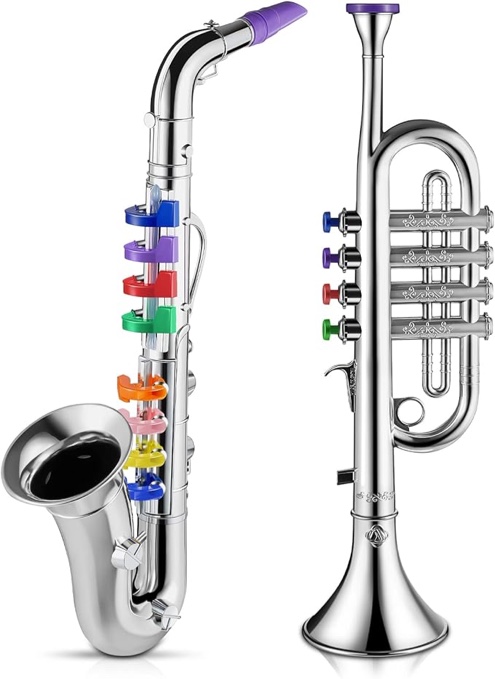 Cnp Set of 2 Musical Wind Instruments for Kids - Metallic Silver Saxophone and Trumpet Horn