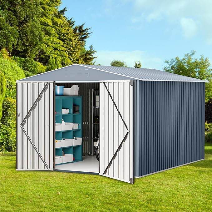 ( INCOMPLETE similar BOX 1OF 2 style) 10x10 FT Outdoor Storage Shed, Large Garden Shed with Updated Frame Structure and Lockable Doors, Metal Tool Sheds for Backyard Garden Patio Lawn, Black
