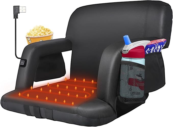 Blufree 25'' Extra Wide Heated Stadium Seat DC 7.4V Port, Foldable Portable Bleacher Chair, 6 Reclinng Positions Back and Arm Support Thick Cushion for Outdoor Picnic & Sports.(Not Include Power Bank) 1pcs