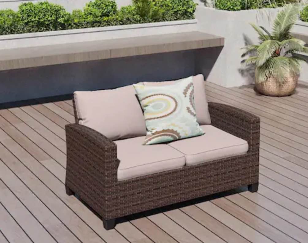 Dark Brown Rattan Wicker Outdoor Patio Loveseat with Beige Cushions