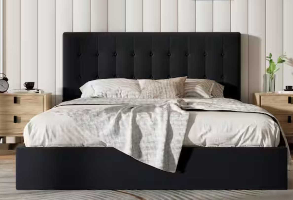 Black Frame Queen Size Upholstered Platform Bed with Lift-up Storage Supported by Metal and Wooden Slats