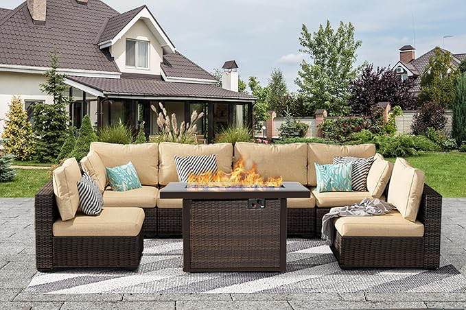 ((INCOMPLETE SIMILAR )) Grezone Patio Furniture Sets 7 Pieces with Fire Pit Table Patio Sectional Outdoor Furniture Patio Sofa Chairs Set PE Rattan Wicker Couch Conversation Set with No-Slip Cushions Waterproof Covers Beige