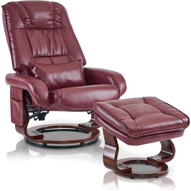 (incomplete, box 1 of 2) Eirika Swivel Recliners with Ottoman, Vibration Massage TV Chairs, Faux Leather Body Fabric: Burgundy Faux Leather