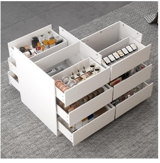 (similar) (pieces incomplete) Hitow Display Cabinet Island with Glass Top, Walk in Closet Organizer with 9 Drawers and Cushioned Shoe Bench, Shop Display Case, Walk in Wardrobe Furniture, Living Room Storage