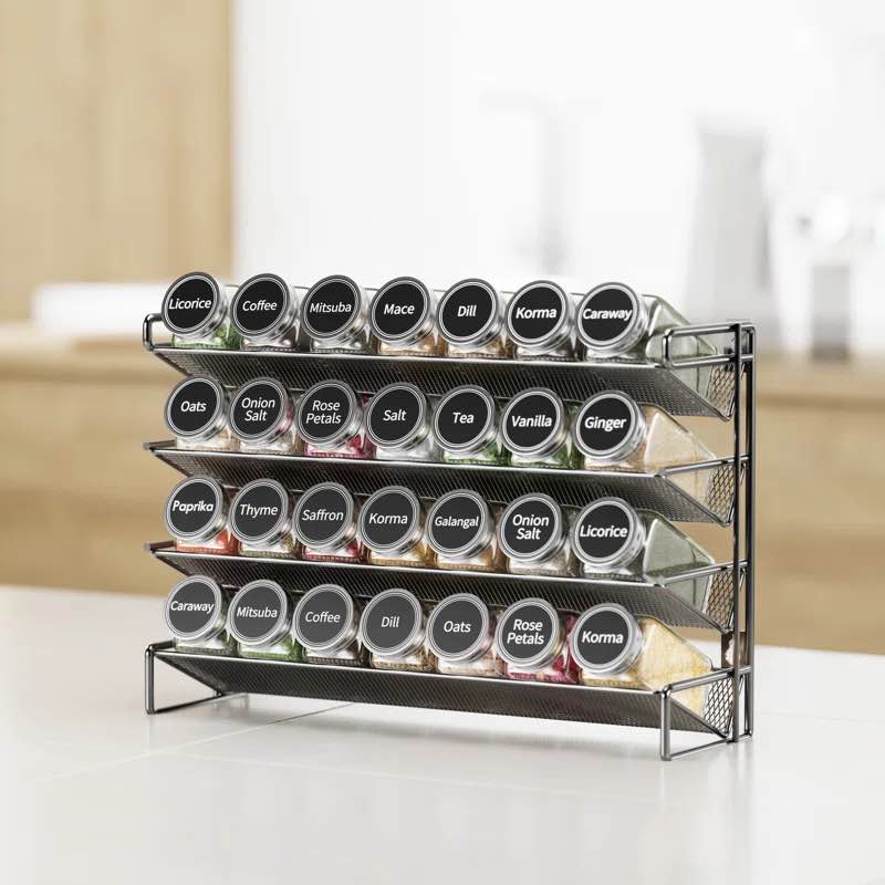 Spice Rack Organizer with 28 Spice Jars - Includes 386 Spice Labels, Chalk Marker, and Funnel Set for Cabinet, Countertop, Pantry, Cupboard, or Door & Wall Mount, 13.4" W × 10.8" H, Black