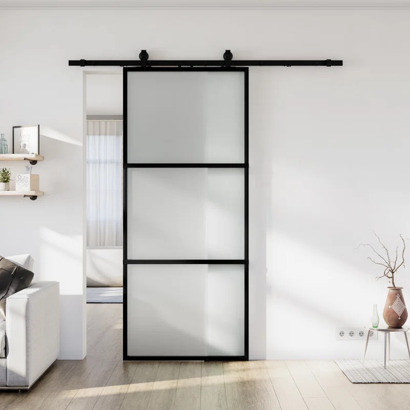 ((Incomplete)) Metal and Glass Sliding Double Barn Door with Installation Hardware Kit (Soft-close Included)
