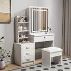 ((INCOMPLETE ONLY PART )) Makeup Vanity with Lighted Sliding Mirror, White Modern Vanity Dressing Table with 4 Drawers & Cushion Stool Set for Girls Bedroom