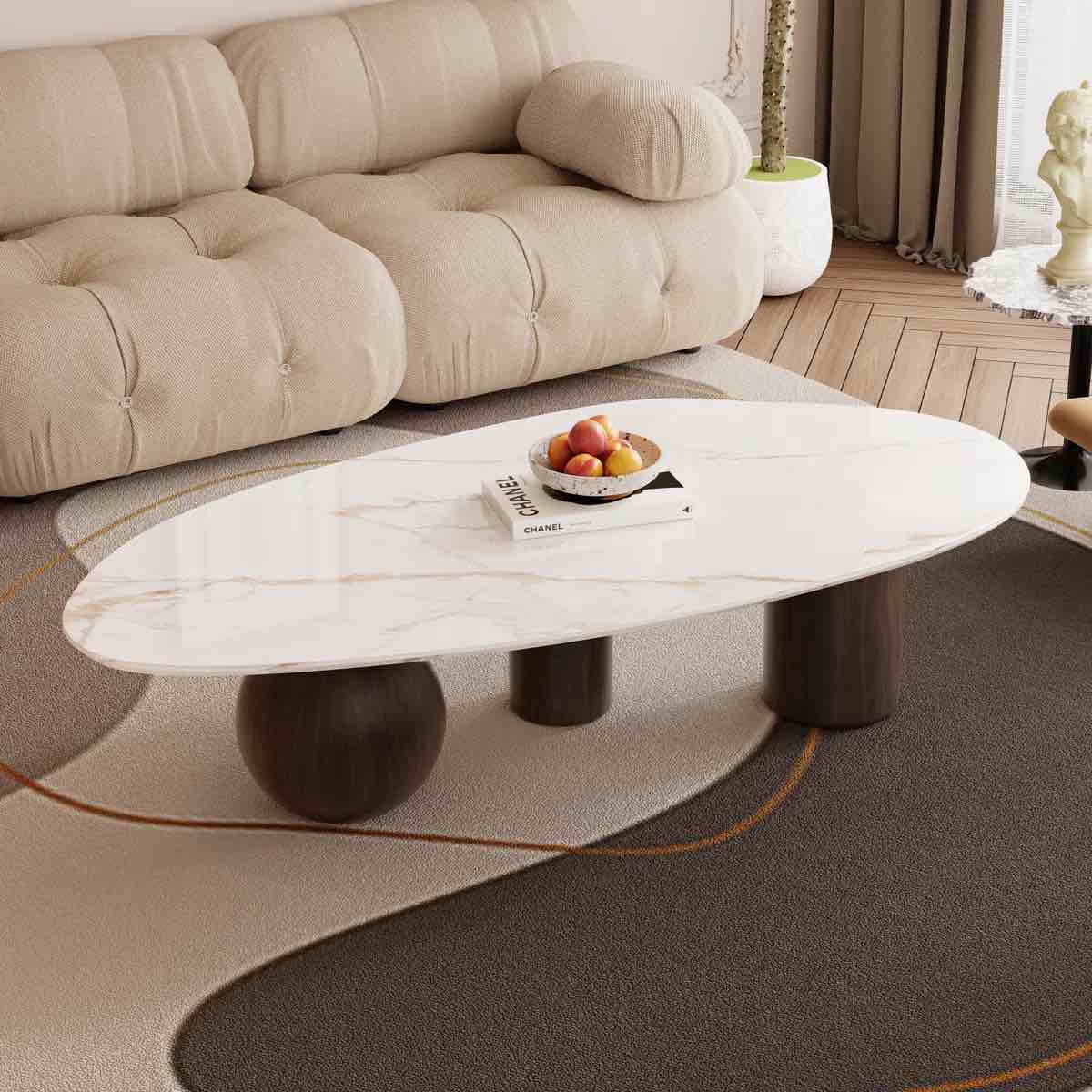 Faux Marble Modern White Coffee Table Three Legs Solid Wood Special Shape for Living Room (table top only)