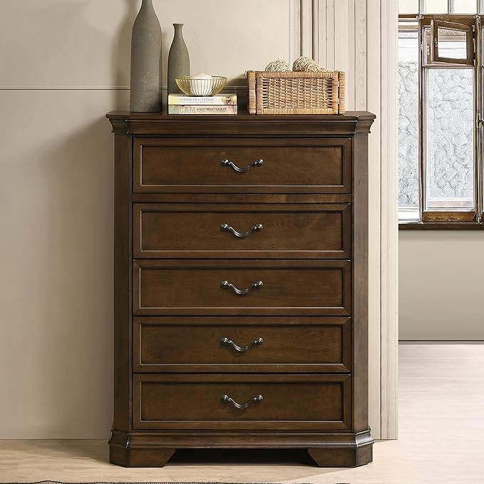 roundhill furniture maderne traditional wood 5-drawer chest, antique walnut