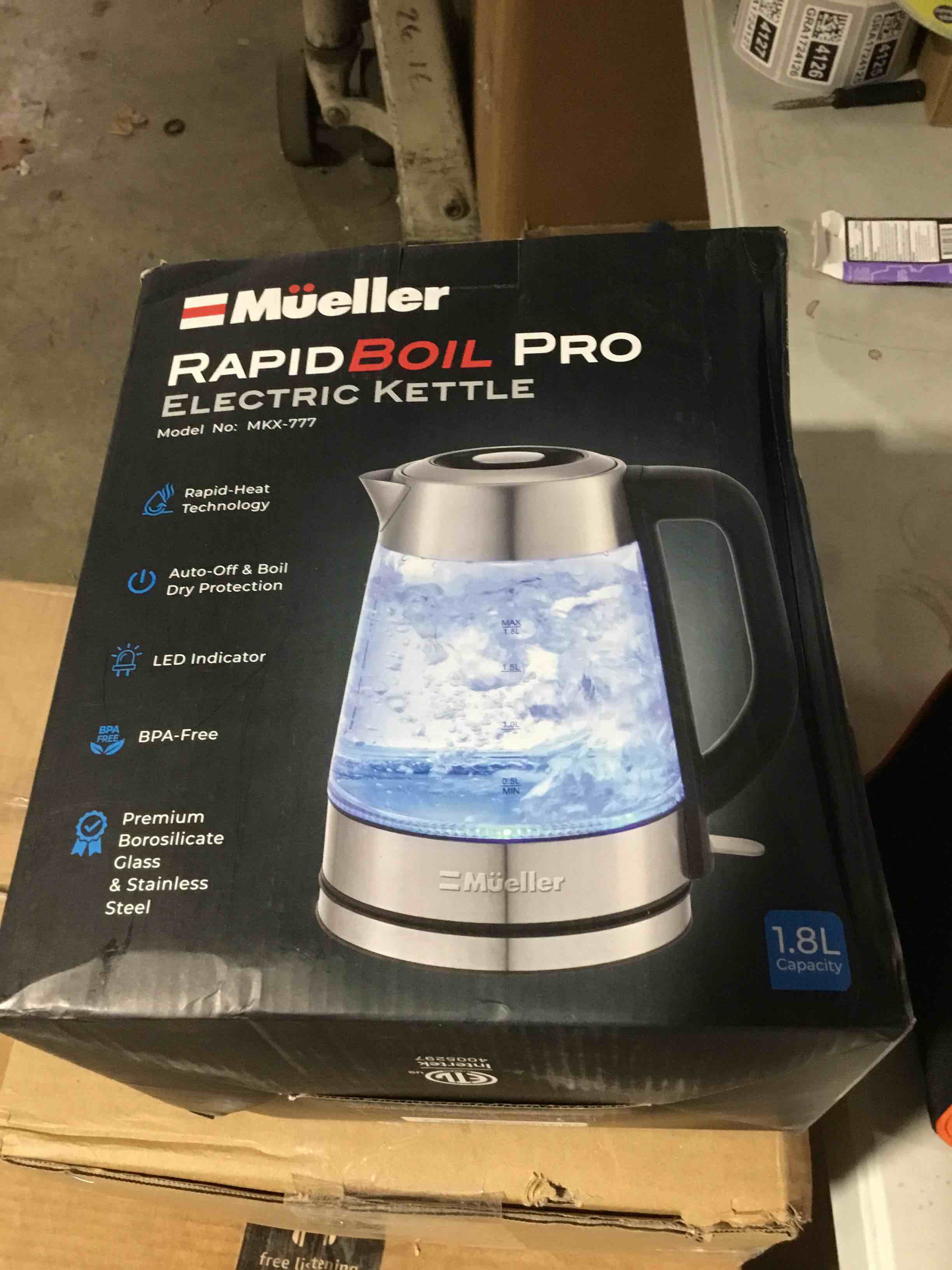 Condition photo showing Good Condition for Mueller Rapid Boil Electric Kettle 1.8L – Borosilicate Glass & Stainless Steel – BPA-Free Tea Kettle, LED Light, Auto Shut-Off, Boil Dry Protection Water Heater – Fast Heating, Kitchen Appliances