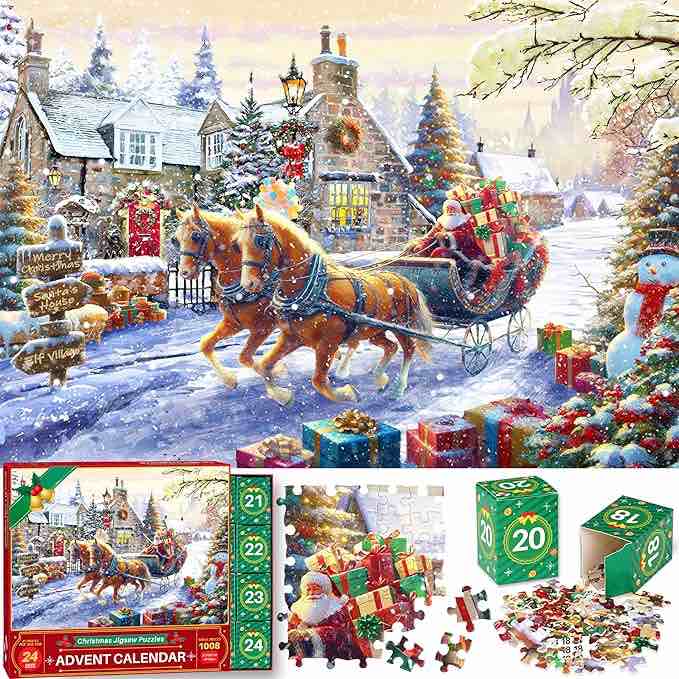 Advent Calendar 2024 Christmas Puzzle - Christmas Fireplace, Advent Calendar Puzzle Christmas Countdown 24 Parts 1008 Pieces Puzzles, Holiday Puzzles Christmas Gifts for Adults Teens Kids