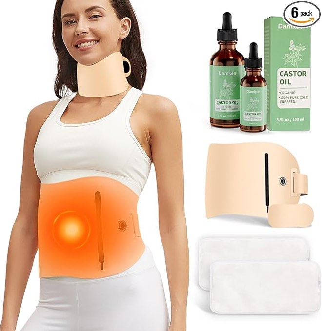 Organic Castor Oil Pack Wrap with Heating - Jamaican Black Castor Oil Cold Pressed 130ml/4.58oz, Reusable Castor Oil Pack Kit for Waist and Neck, Christmas Gift for Women Mom Men Dad (Khaki)