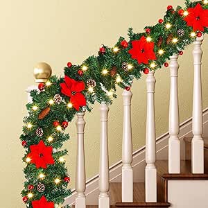 Hotop 4 Pcs 9 ft x 10 Inch Bulk Christmas Garland with Light, 100 LEDs 220 Vines 6 Poinsettia 15 Pinecones 30 Christmas Balls Xmas Norfolk Pine Garland for Indoor Outdoor Holiday Door Home Decorations