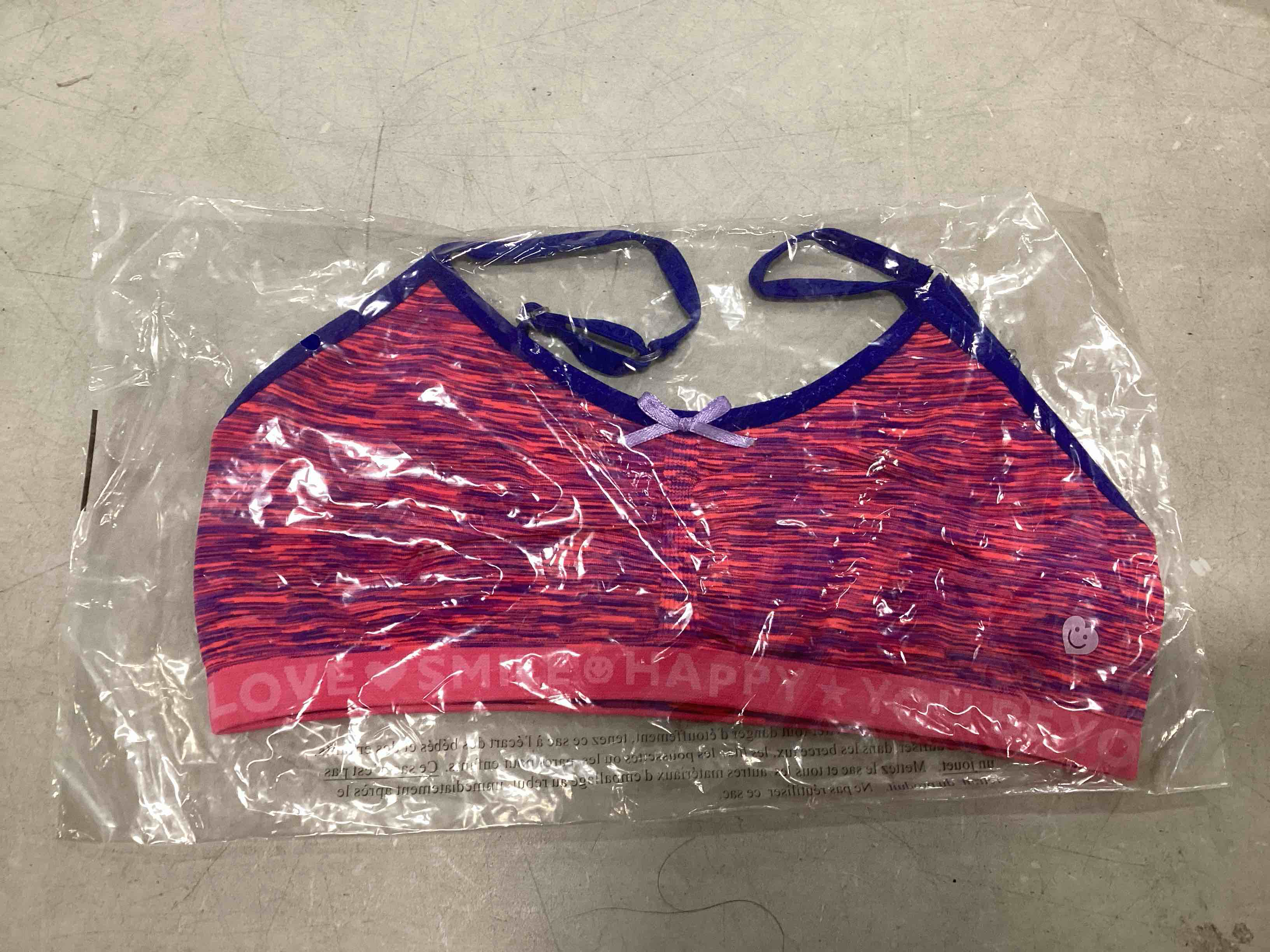 case pack of 21 love smile happy girls sports bra pink and blue stripe, assorted sizes 