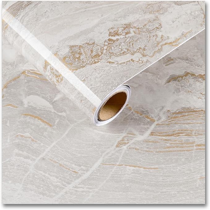 CRE8TIVE 24"x118" Beige Gold Marble Contact Paper for Countertops Waterproof Glossy Liquid Marble Wallpaper Peel and Stick Countertops Removable Self Adhesive Vinyl Warp for Kitchen Bedroom Table Desk