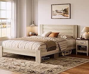 LINSY Full Size Bed Frame Wood with Headboard, Farmhouse Bed Frame Full ...