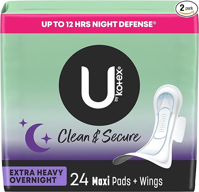 U by Kotex Clean & Secure Overnight Maxi Pads with Wings, Extra Heavy Absorbency, 2 packs of 24