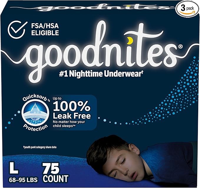 Goodnites Boys' Nighttime Bedwetting Underwear, Size Large (68-95 lbs), 75 Ct (3 Packs of 25), Packaging May Vary