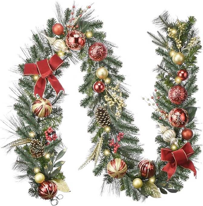 Valery Madelyn Pre-Lit Christmas Garland with Lights for Mantle, Full Large 9 feet Lighted Battery Operated Xmas Garland with Silver Blue Balls Ribbons for Front Door Fireplace Outdoor Decor