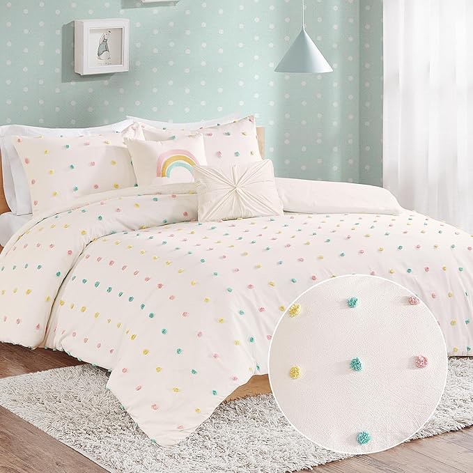 Urban Habitat Kids Duvet Cotton Jacquard Weave Colorful Poms Accent, Shabby Chic Cover for Comforter Cozy Bedding Set, Matching Shams, Decorative Pillows, Full/Queen, Multi, 4 Piece