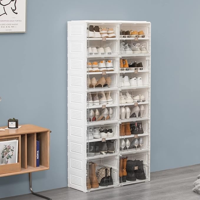 Shoe Organizer Cabinet - Collapsible Shoe Rack for Entryway, Foldable Stackable Closet Shoe Box with Clear Door for 36 Pair Shoes/Boots, Large 18 Cubbies