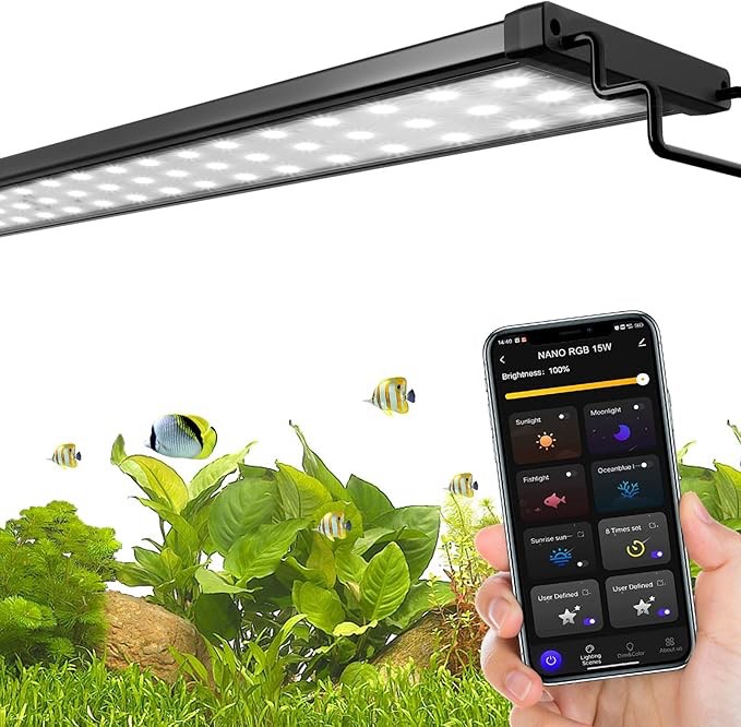 USDGTKN Smart Aquarium Light, LED Light App Control, Full Spectrum Fish Tank Light with 24/7 Lighting Cycle, 5 Modes,8 Timer Color Adjustable Freshwater Plant Tank Light(25W for 18-24inch Tank)
