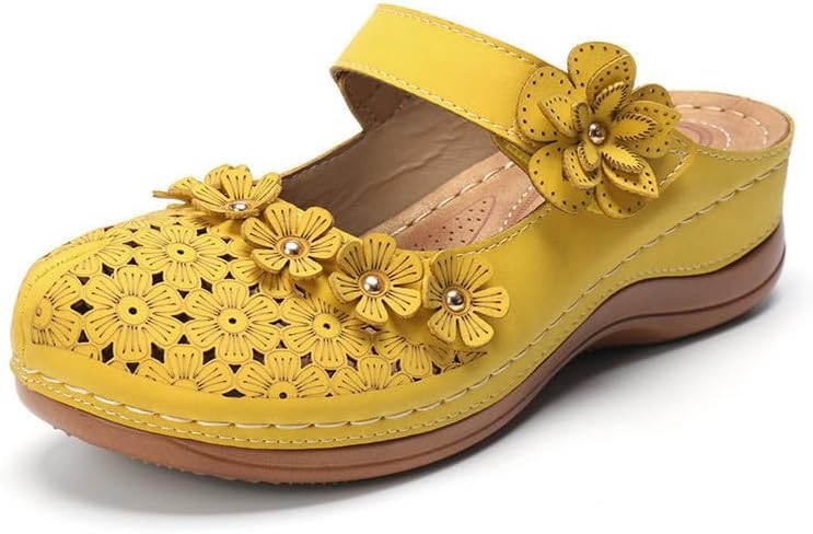 Mules for Women Wedge Sandals Comfortable Dressy Summer Closed Toe Mules Casual Slip On Shoes with Adjustable Hook Loop, Color Yellow ( Size 43 ) 