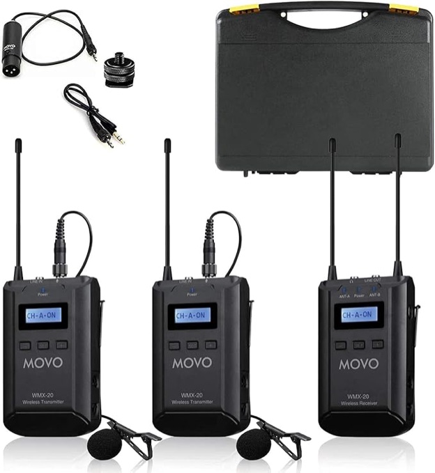 Movo WMX-20-DUO -Channel UHF Wireless Lavalier Microphone System with 1 Receiver, 2 Transmitters, and 2 Lapel Microphones Compatible with DSLR Cameras (330' ft Audio Range)
